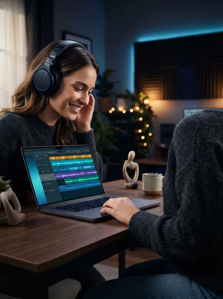 Person finishing a polished AI song on a laptop with blue waveform interface