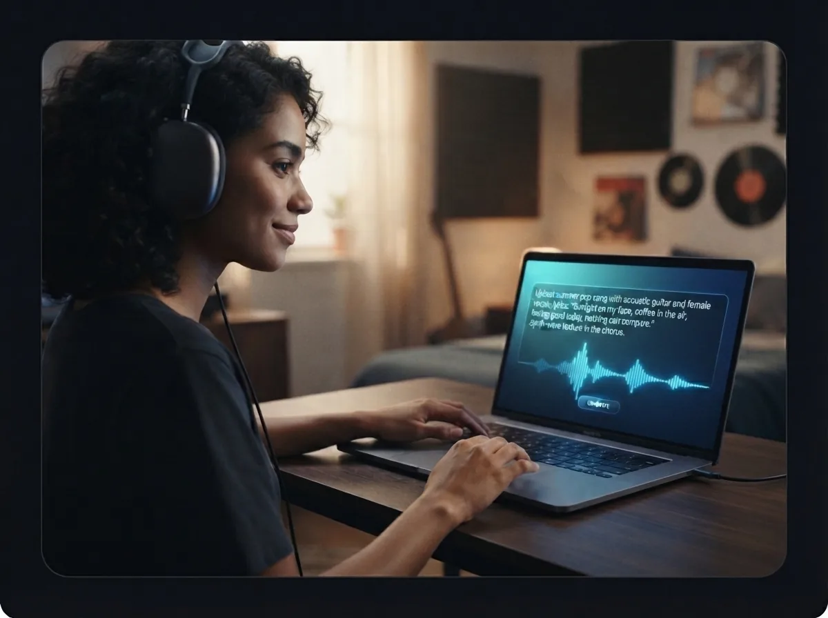 Maya types a music prompt and lyrics into Mureka v9 on her laptop