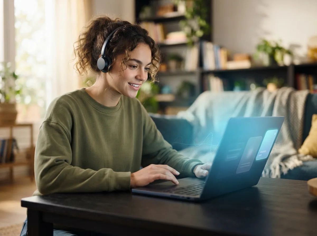 Person creating a full song from a text prompt on a laptop