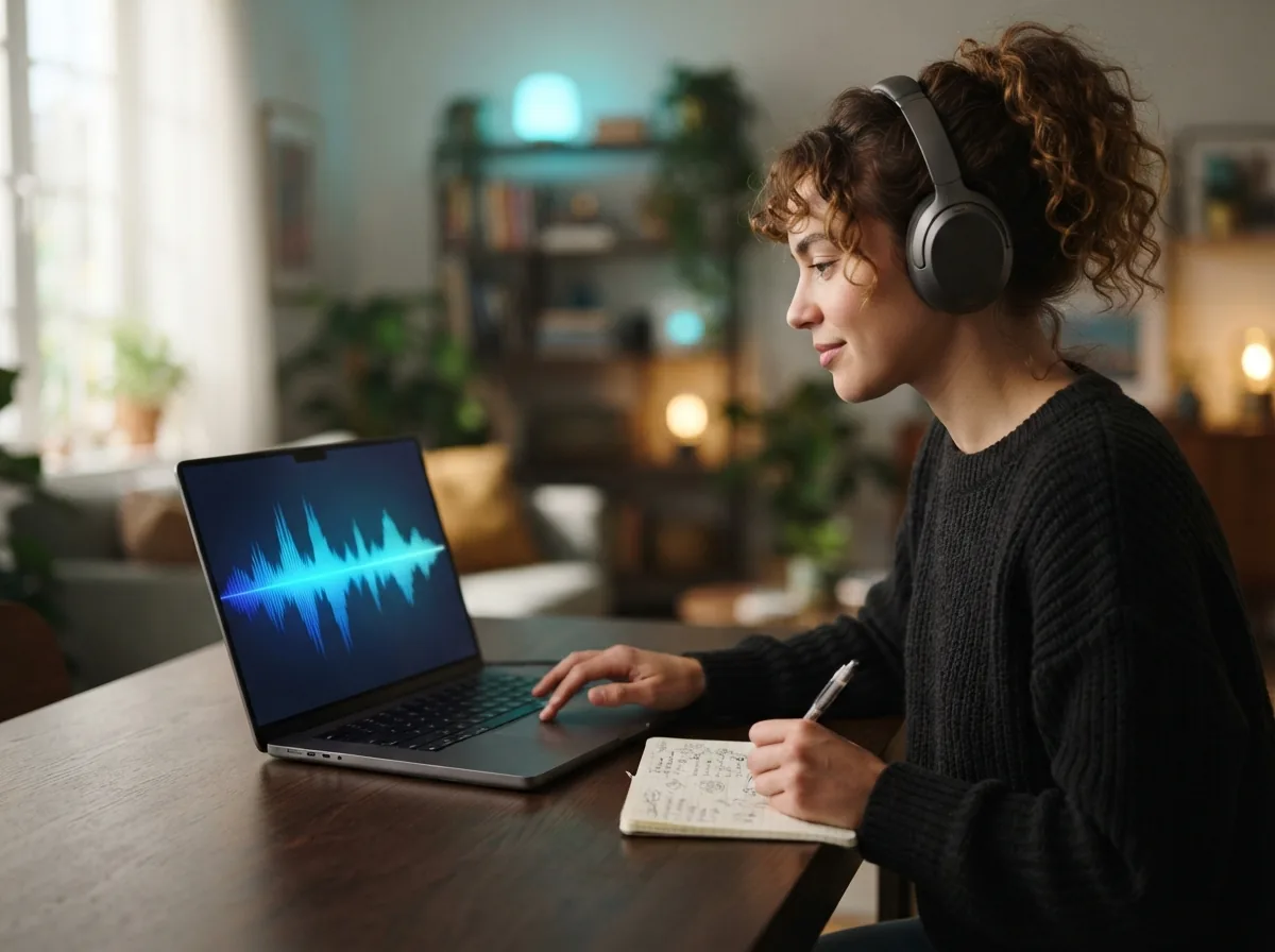 Music model comparison screen with waveform cards and a listener wearing headphones