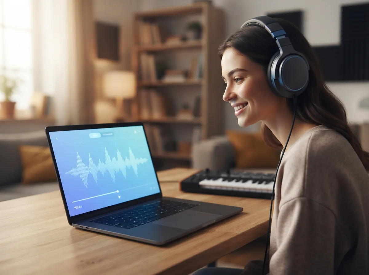 Listener reviewing polished vocal and waveform output from an AI music model