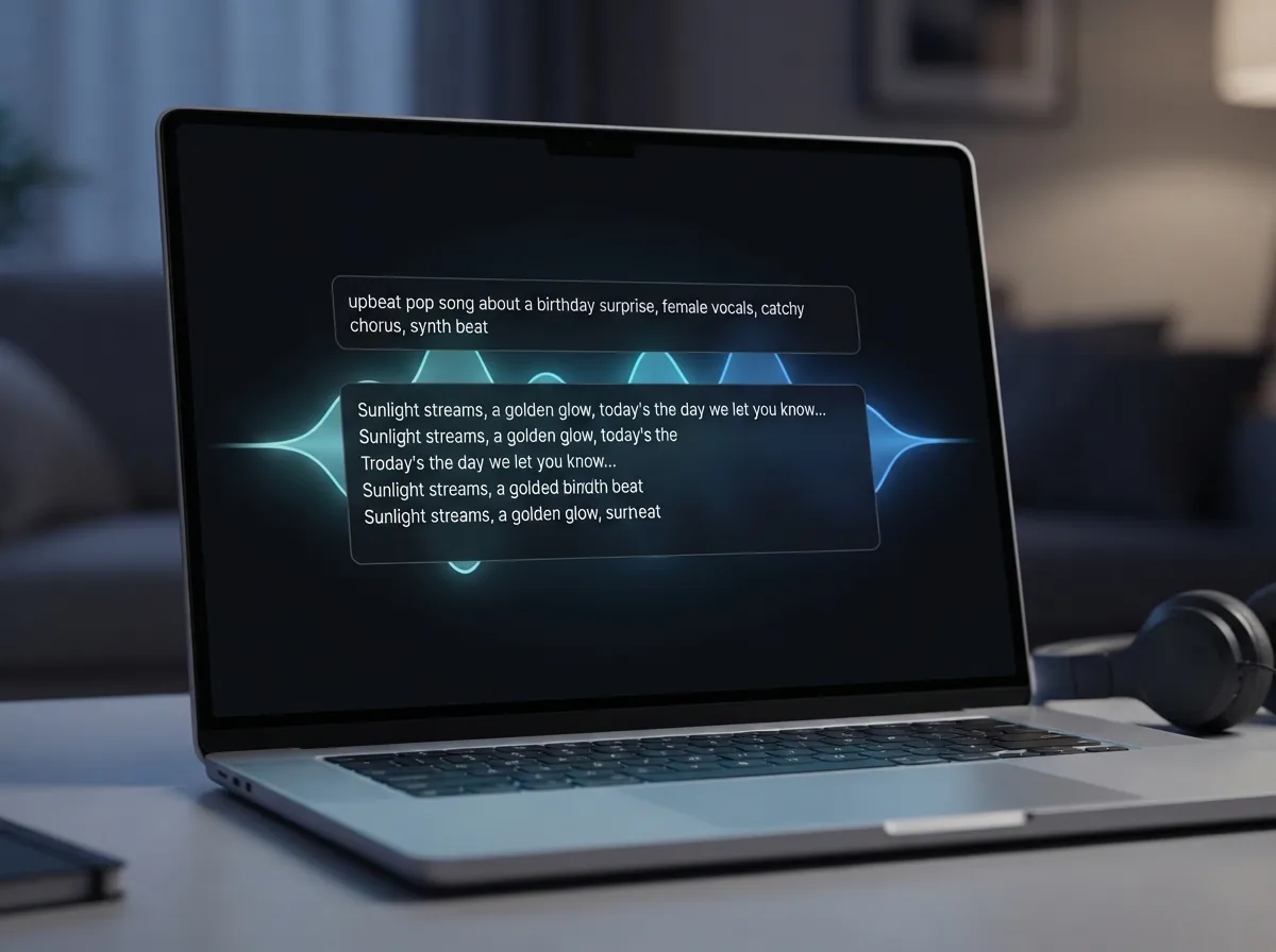 Person typing a pop music prompt and lyrics on a laptop