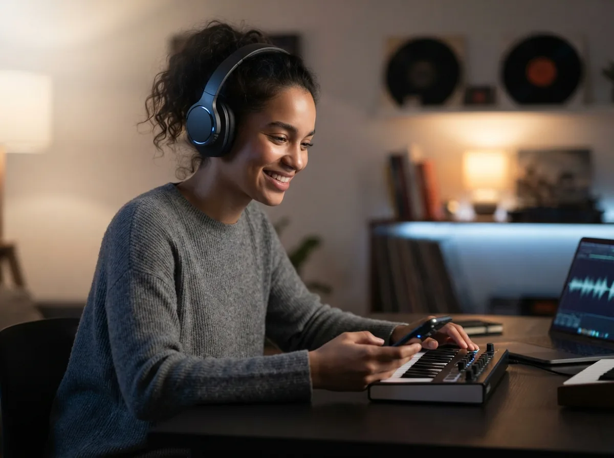 Person using a laptop to create pop music from a text prompt
