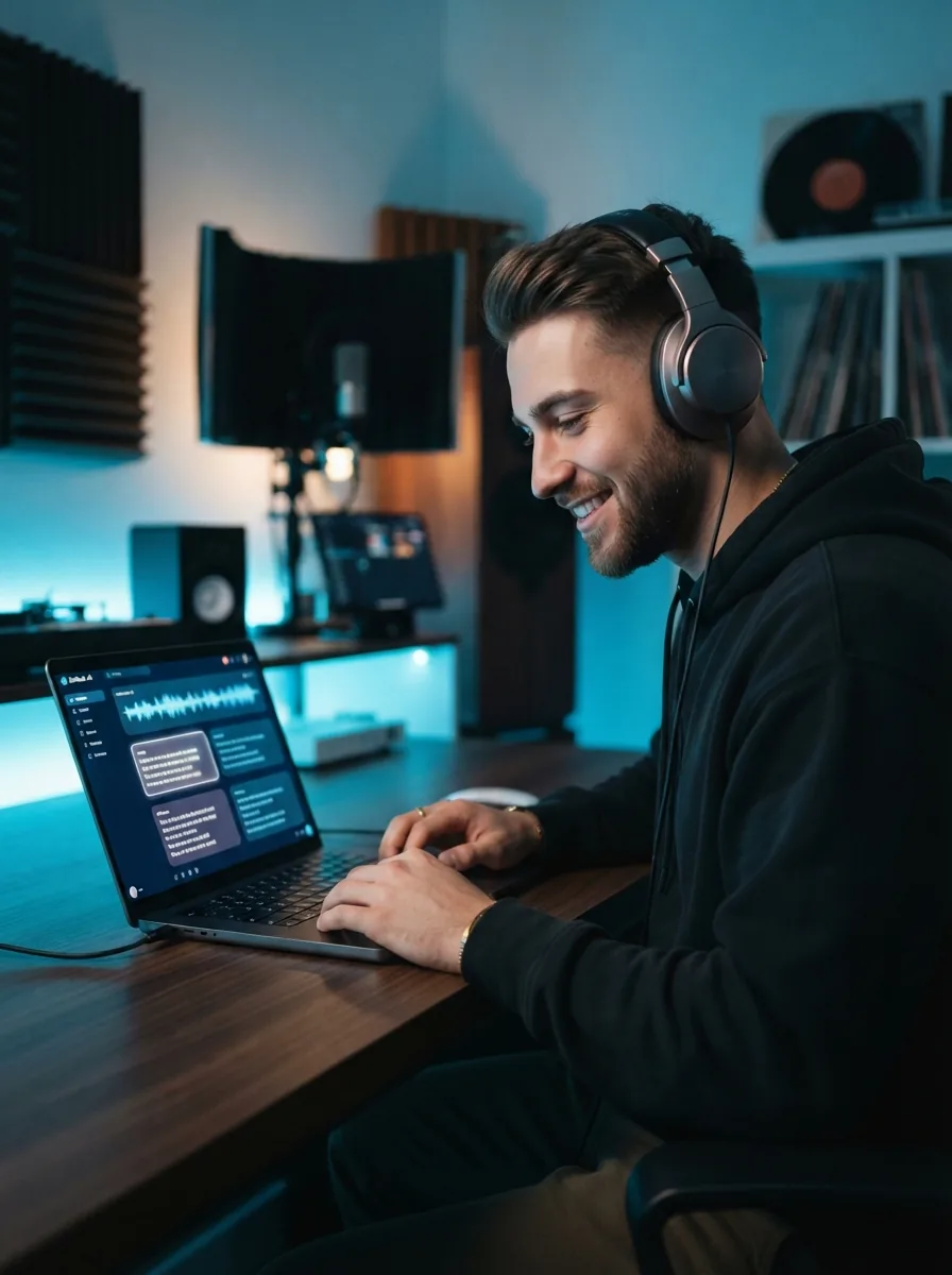 Person creating polished rap lyrics on a laptop