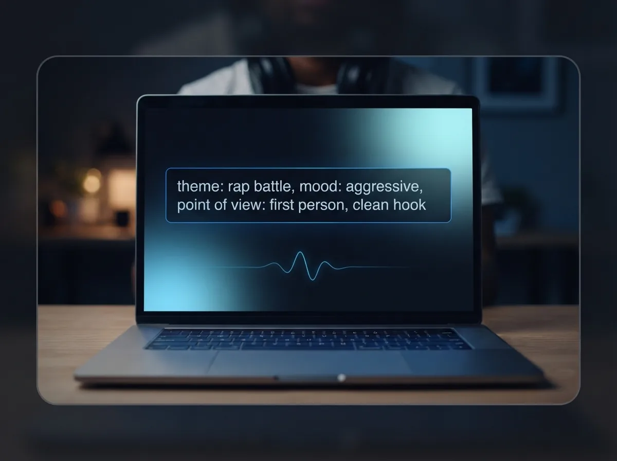 Malik typing a rap theme and mood into the lyrics tool on his laptop