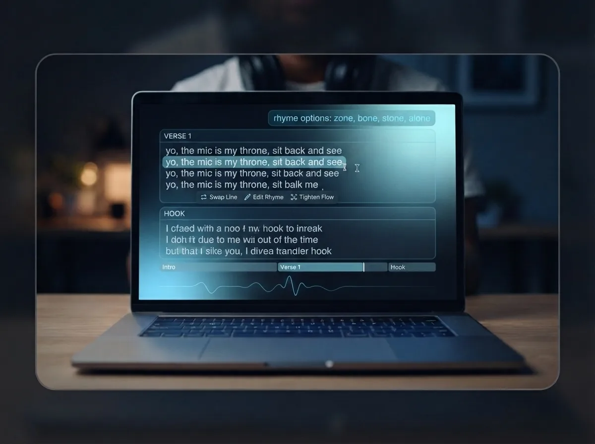Malik refining rap lines and choosing verse and hook structure on his laptop