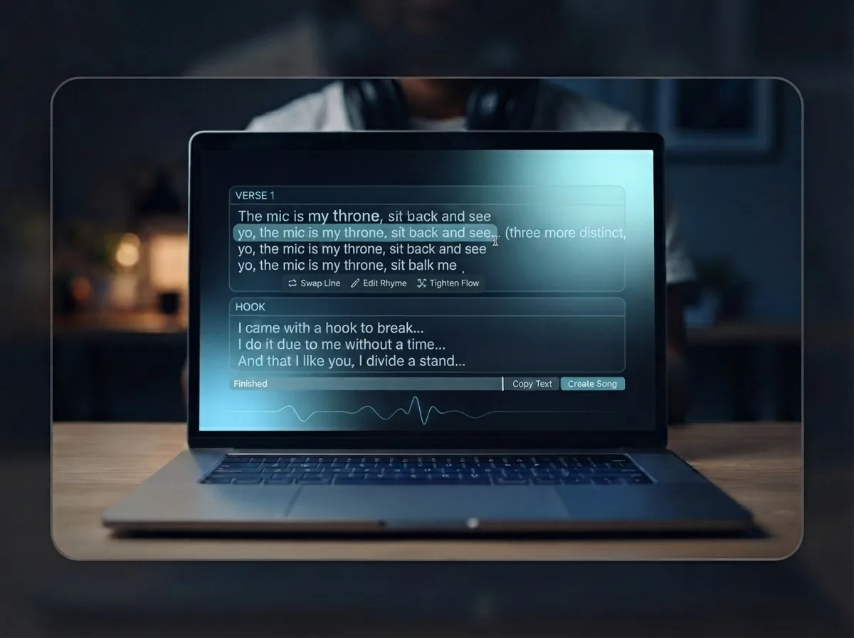 Malik viewing finished rap lyrics with verses and hook on his laptop