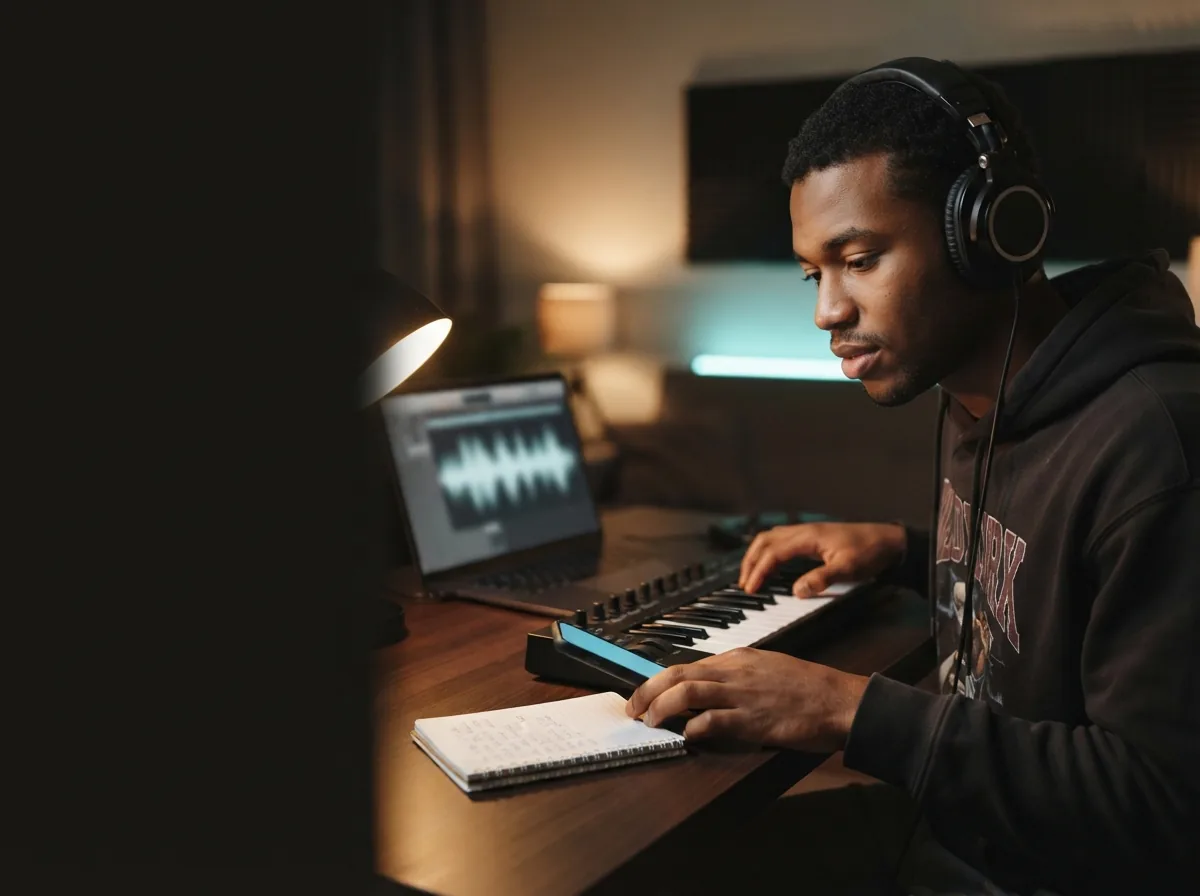 Person using a laptop to create rap lyrics with AI
