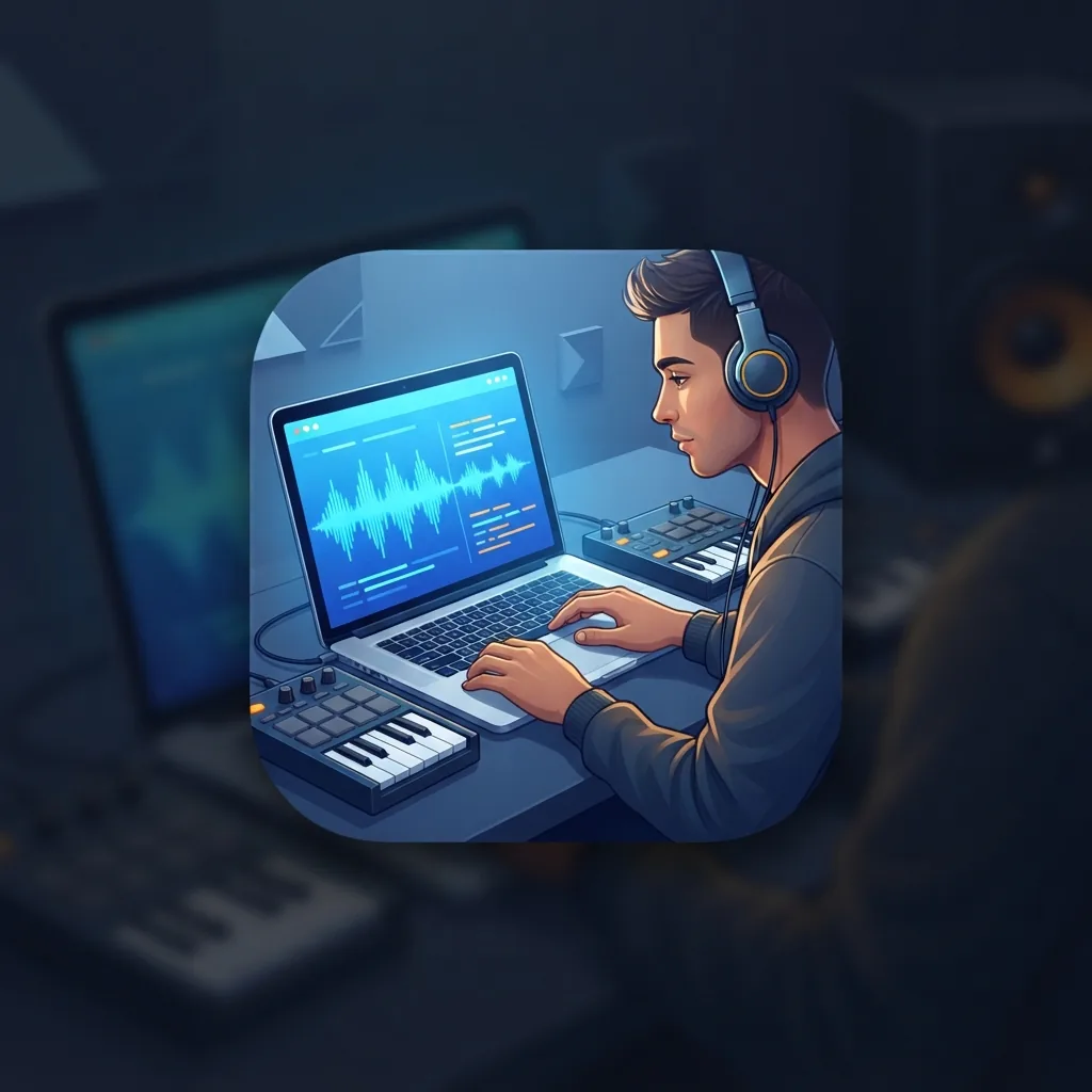 Music maker matching rap lyrics to a beat on a laptop with blue waveform lights