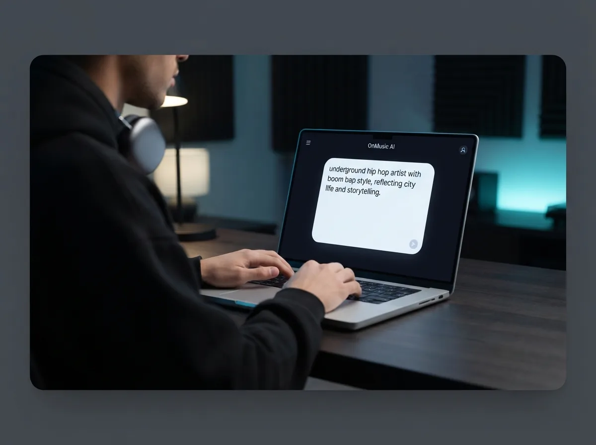 Creator typing a rap persona prompt into OnMusic AI on a laptop