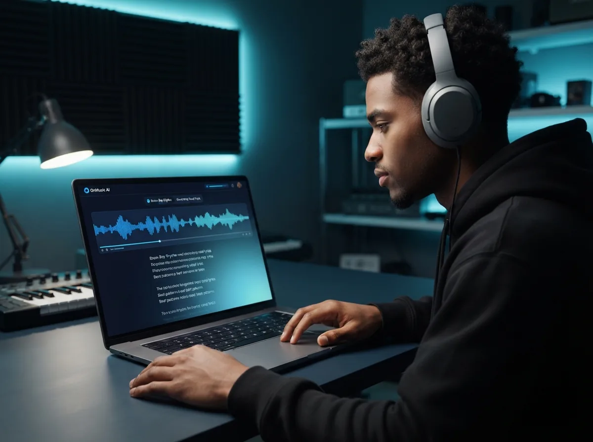 OnMusic AI generating rap lyrics and beat waveforms on a laptop screen