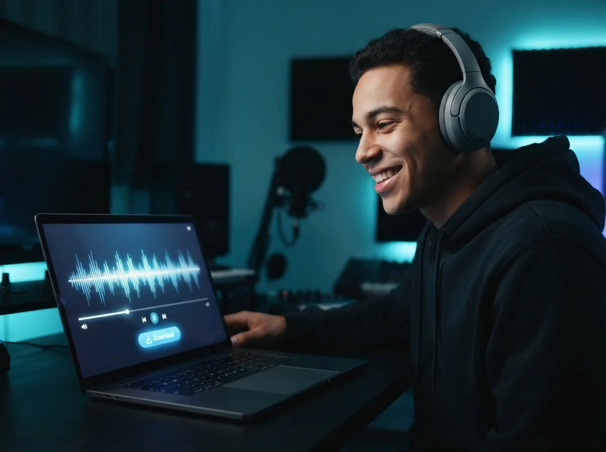 Creator listening to the finished rap song on a laptop screen