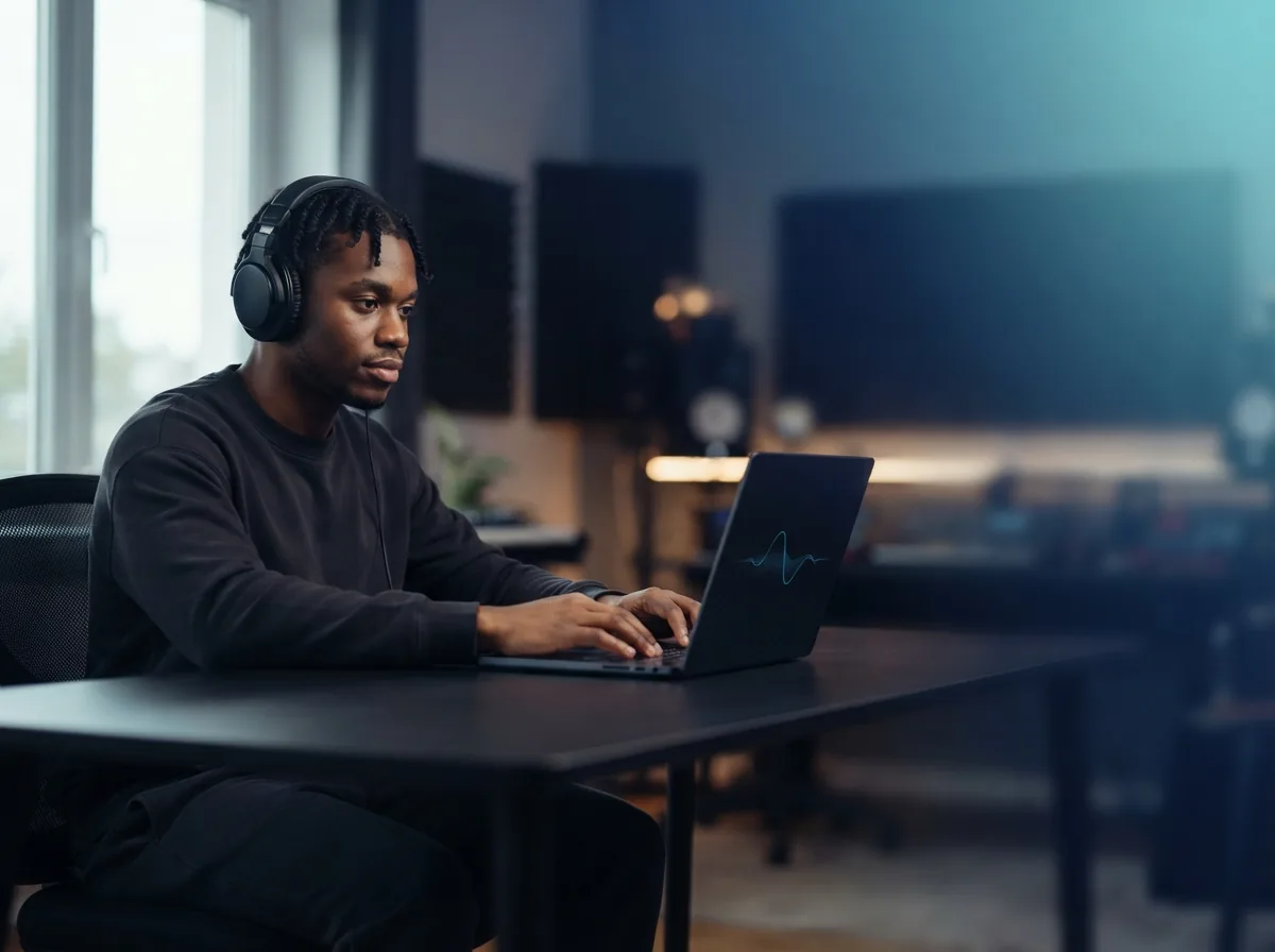 Independent rap artist recording vocals in a modern home studio setup