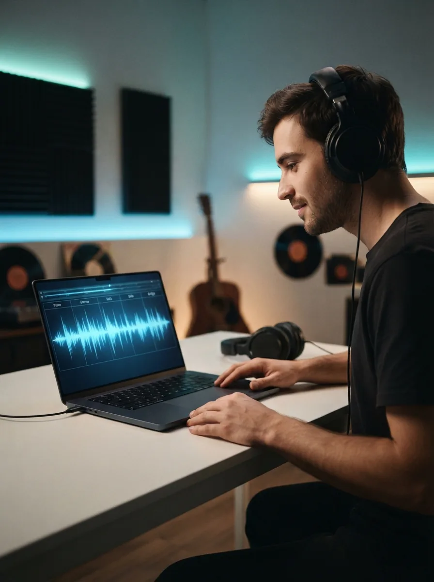 Everyday person listening to a finished rock song they created on a laptop