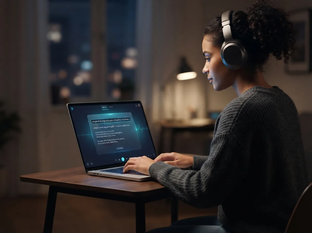 Maya typing a rock music prompt on her laptop at a small apartment desk