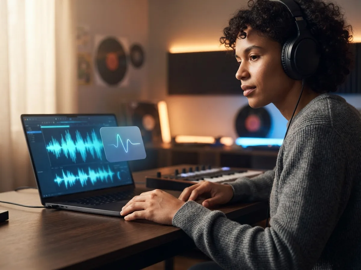 Person exploring different AI rock music styles on a laptop