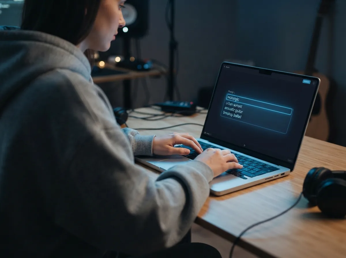 Typing song mood and lyrical keywords into the music prompt box on a laptop