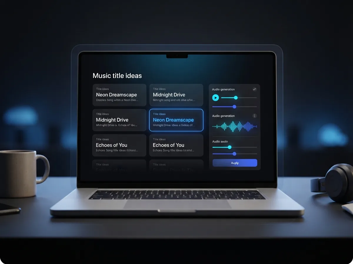 Selecting a title suggestion and adjusting musical settings on the laptop interface