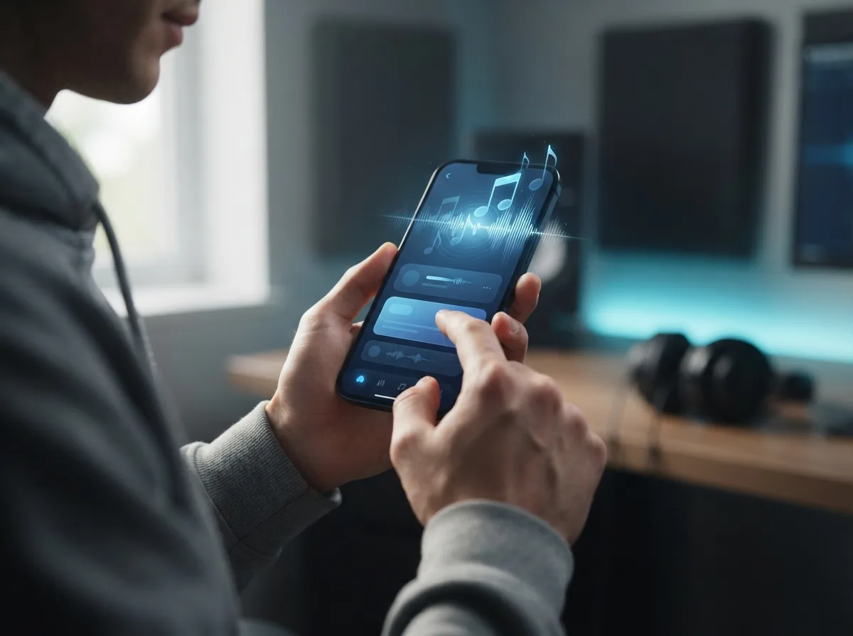 Digital music interface displaying blue audio waveforms and track details on a smartphone