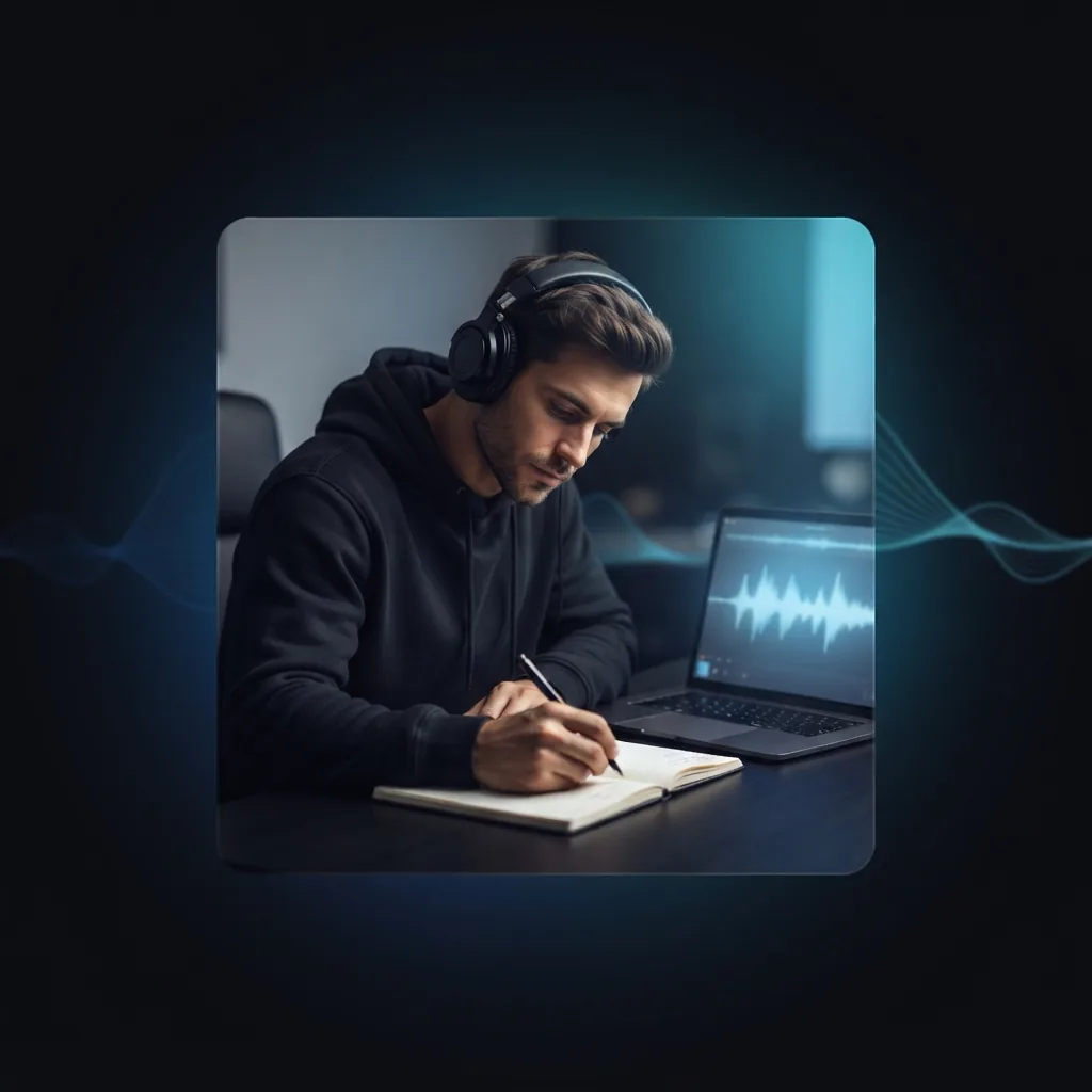 Songwriter finding good names for songs using notebook and laptop
