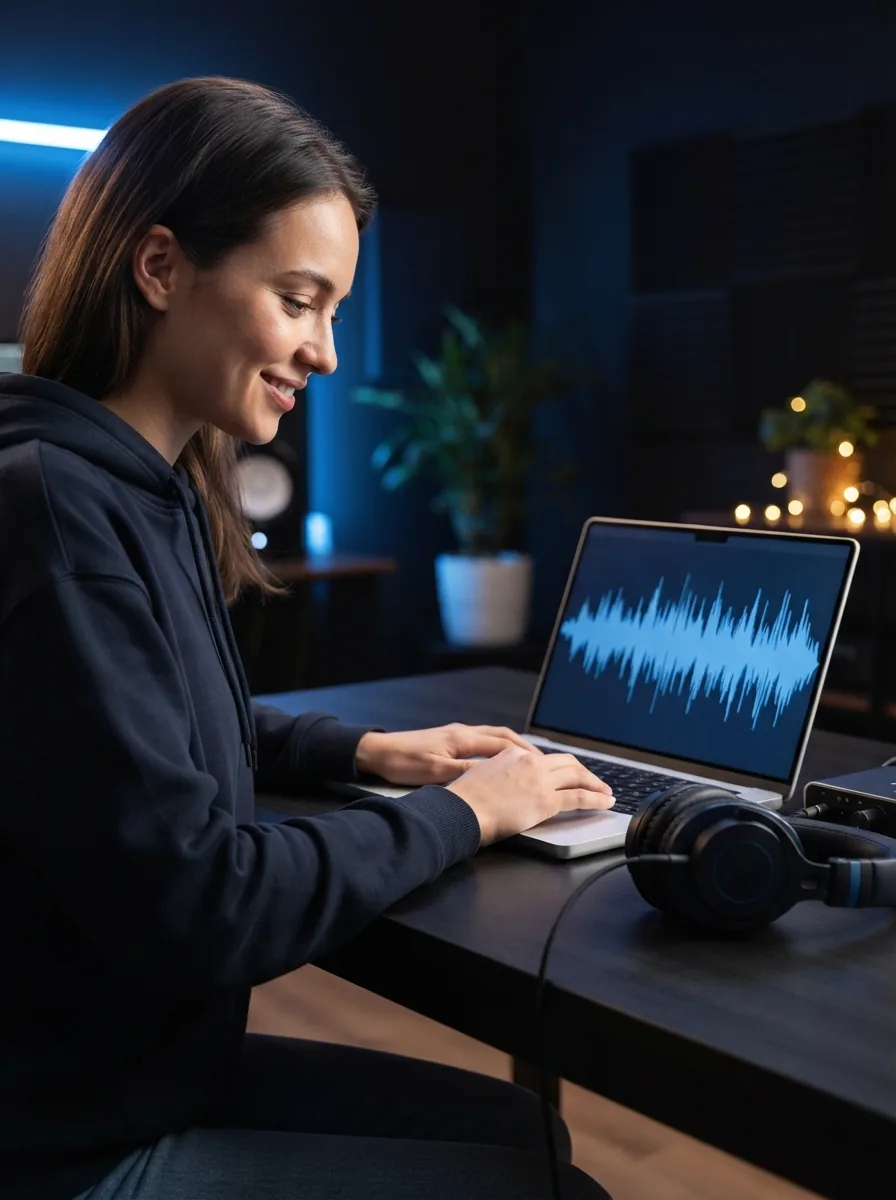 Person exporting a finished instrumental music file on a laptop with blue waveform UI