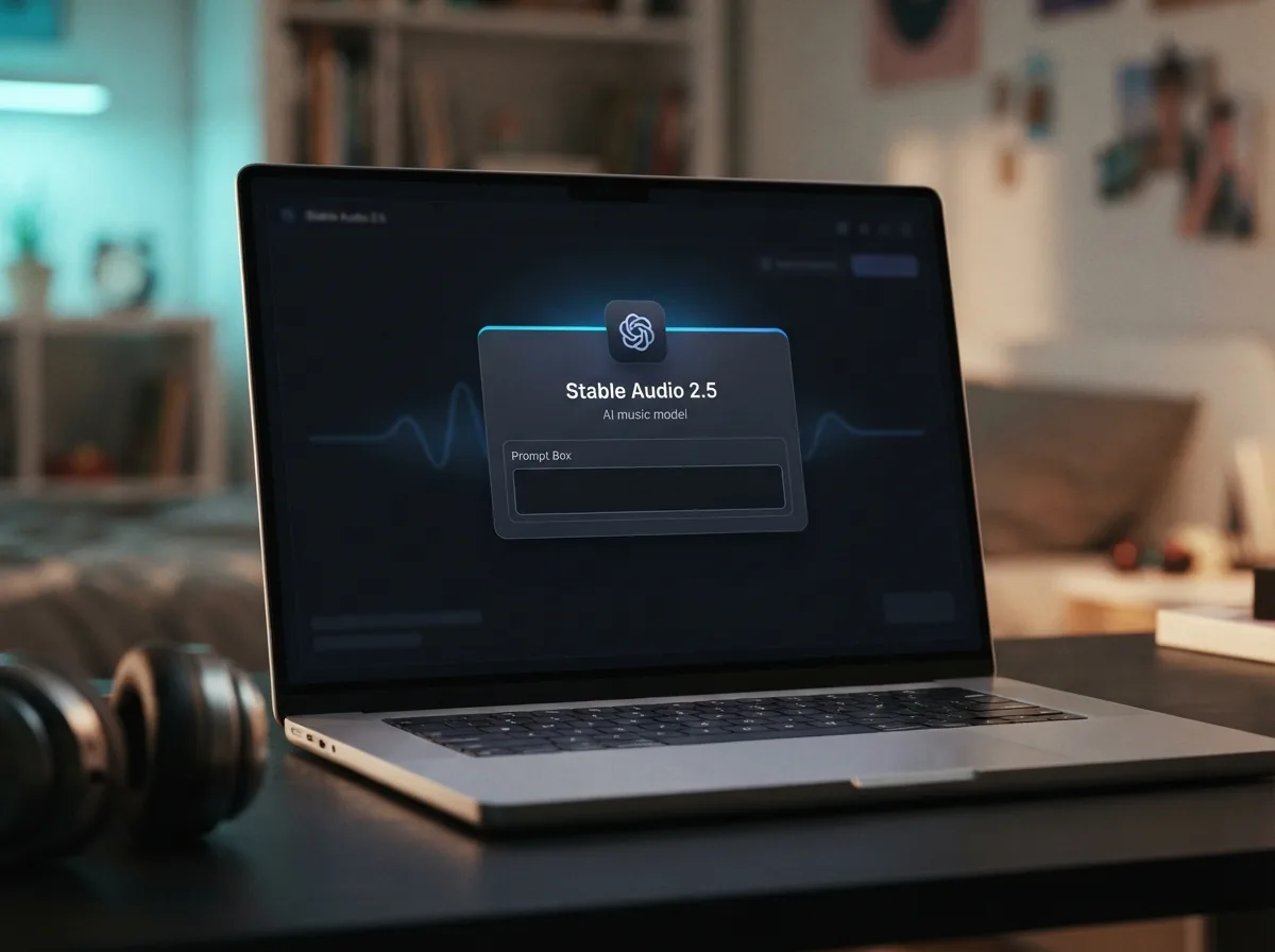 Maya opening Stable Audio 2.5 on OnMusic AI on her laptop at a bedroom desk
