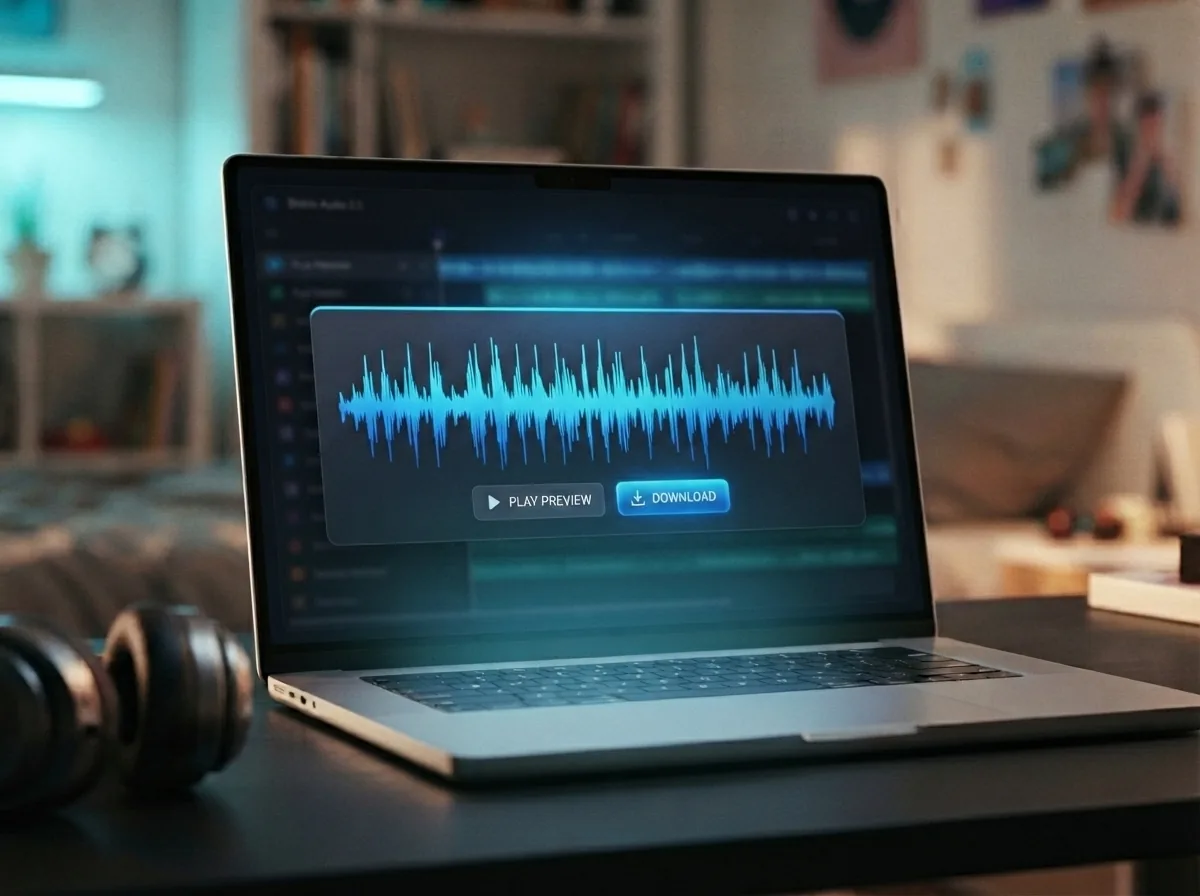 Maya previewing and downloading a finished instrumental song on her laptop