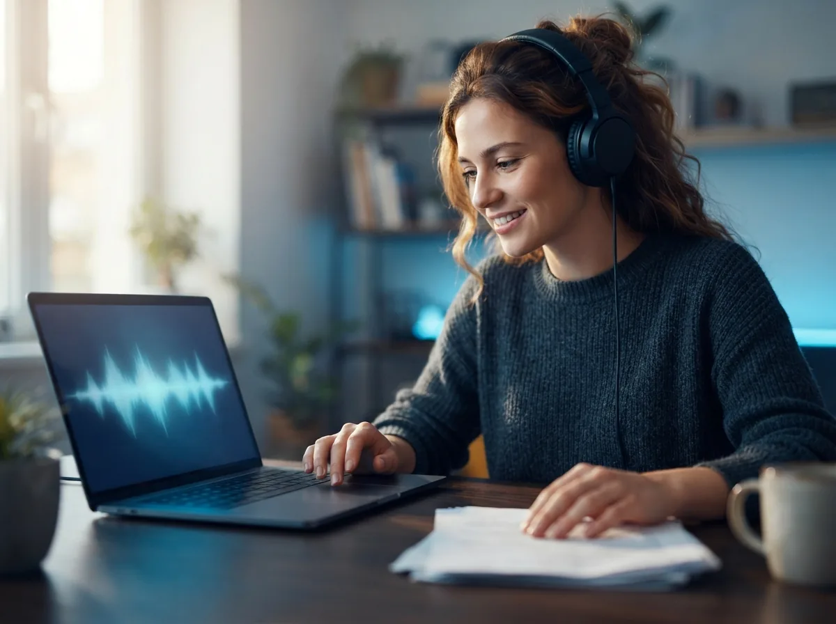 Creator checking AI audio quality on a laptop