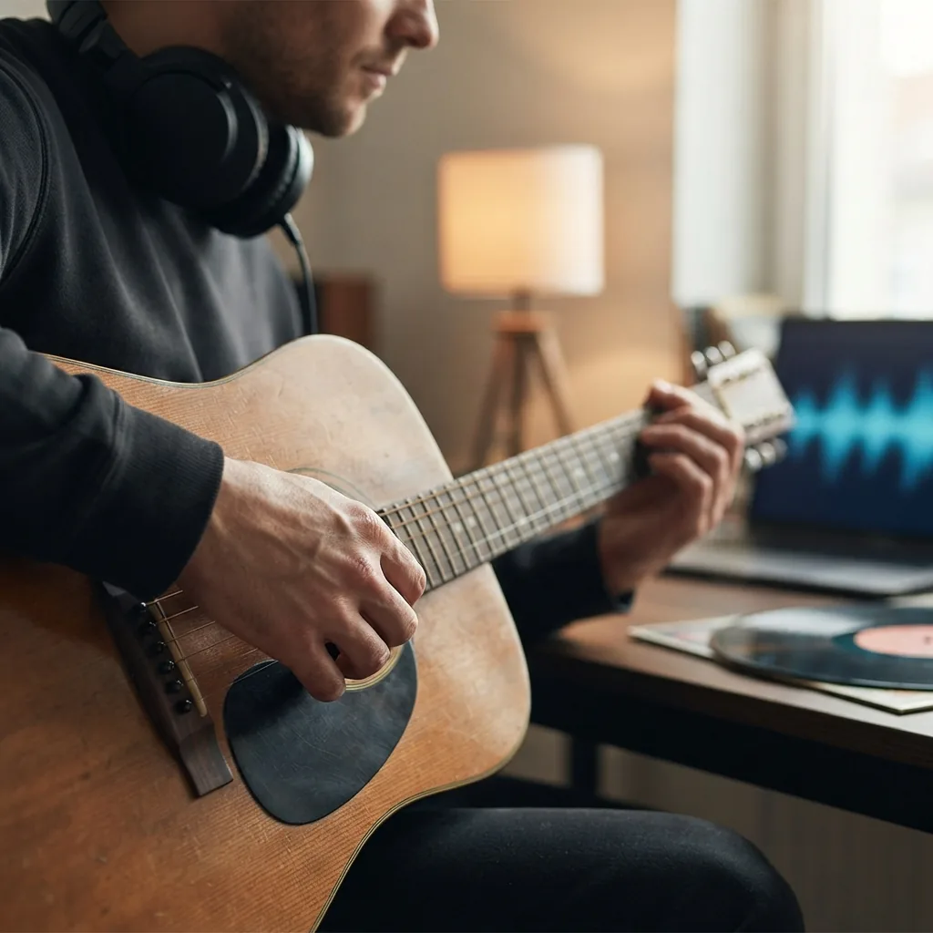 Songwriter using Stable Audio 2.5 to create instrumental music on a laptop