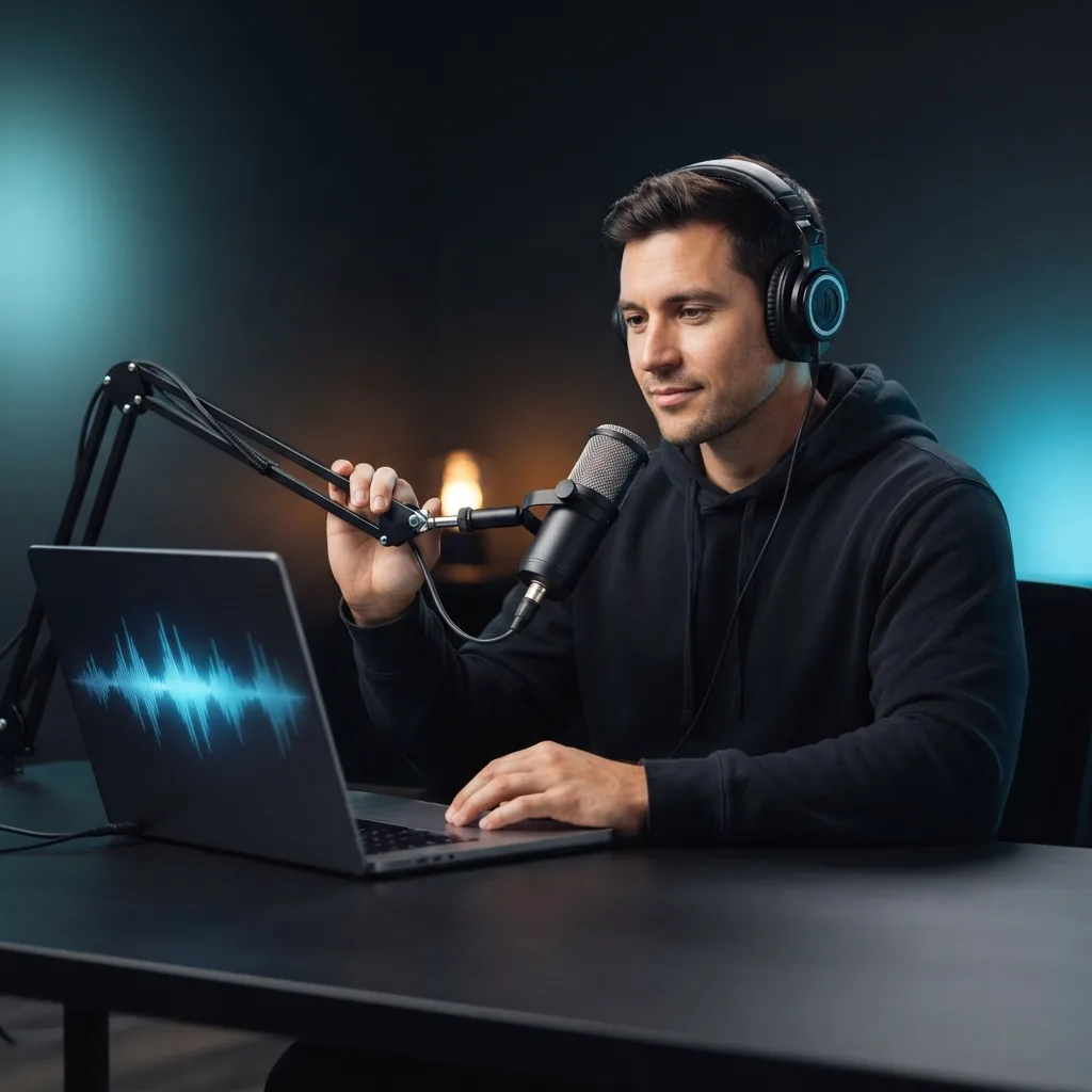 Podcaster creating custom instrumental background audio with an AI sound design generator