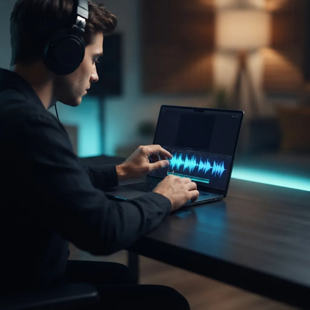 Video creator making background music with Stable Audio 2.5 for an edit