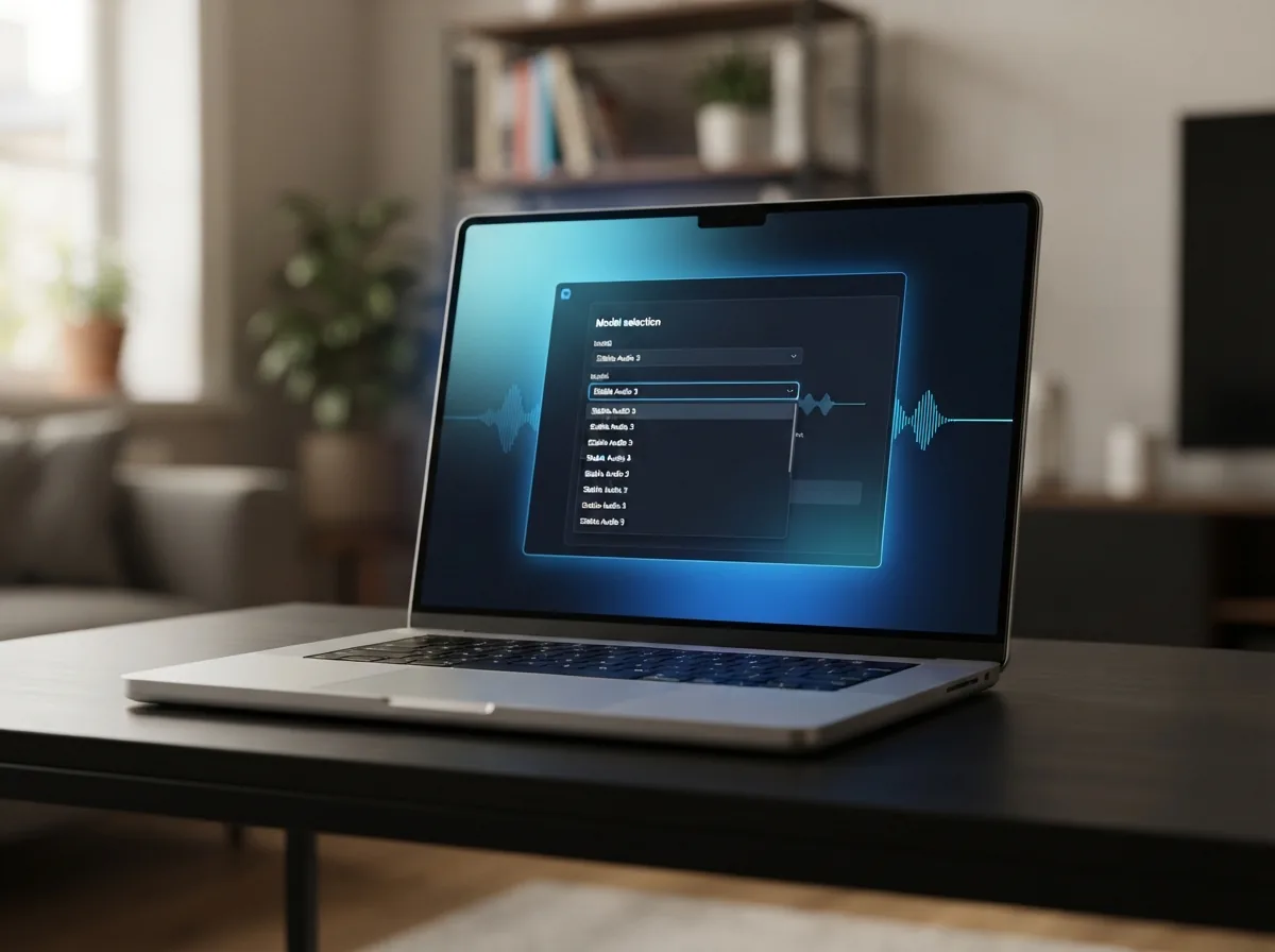 Maya opening Stable Audio 3 on a silver laptop at her apartment desk