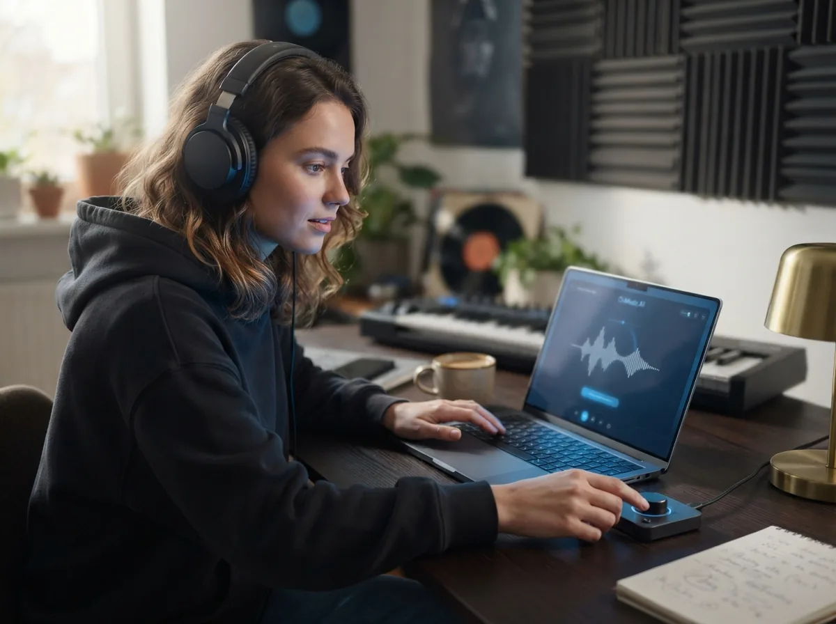 User trying free instrumental AI music generation on a laptop