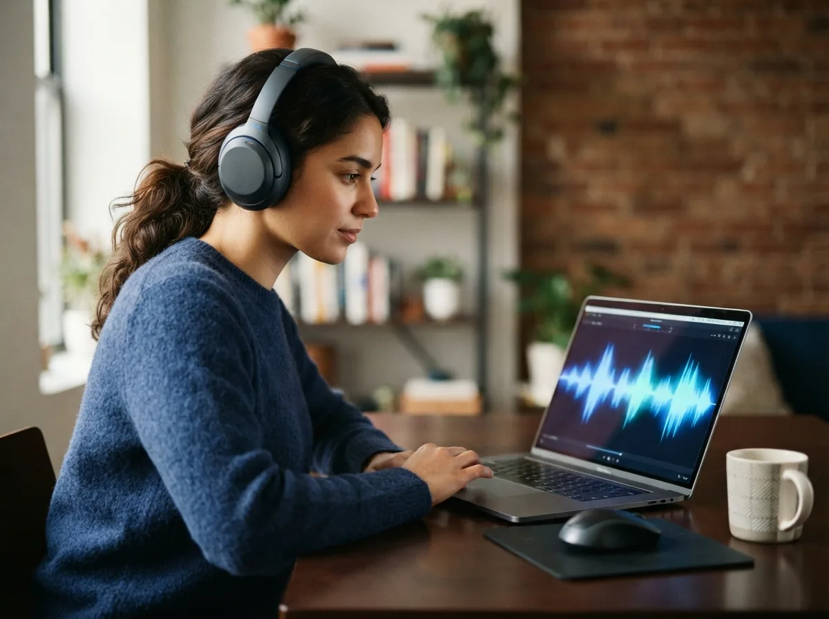 Listener evaluating instrumental AI audio quality with headphones