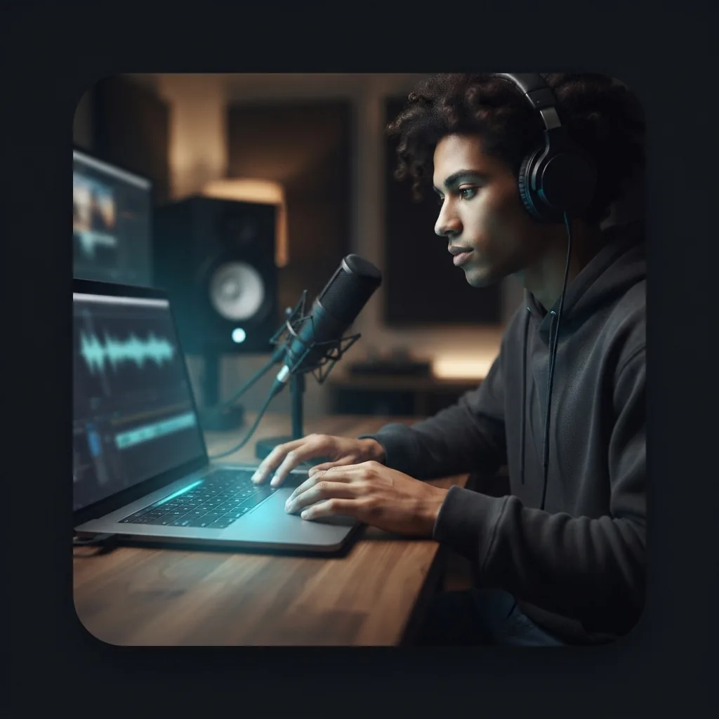 Editor creating instrumental music for a video on a laptop