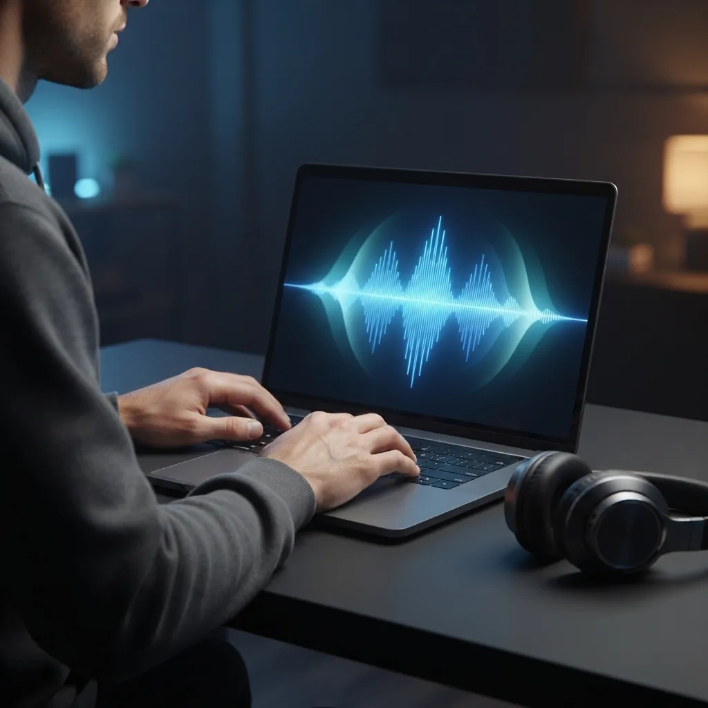 Creator making atmospheric sound design with blue waveform controls