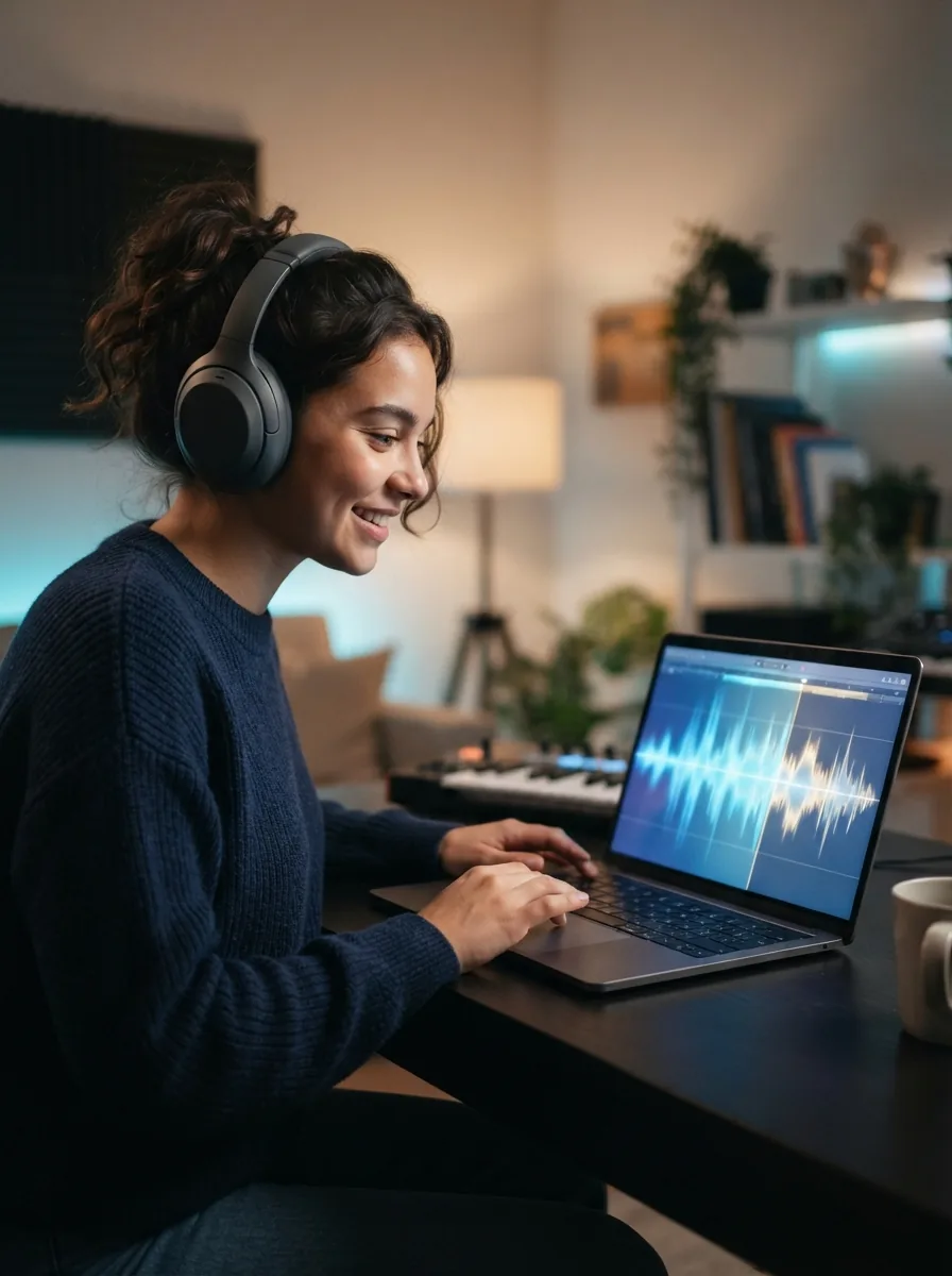 Person finishing a polished song on a laptop with glowing waveform music interface