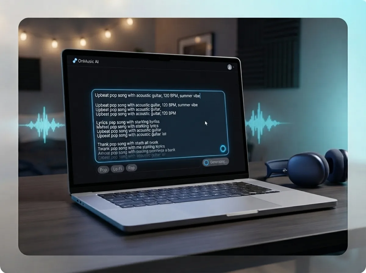 Maya typing a music prompt and lyrics into Suno v5.5 on her laptop