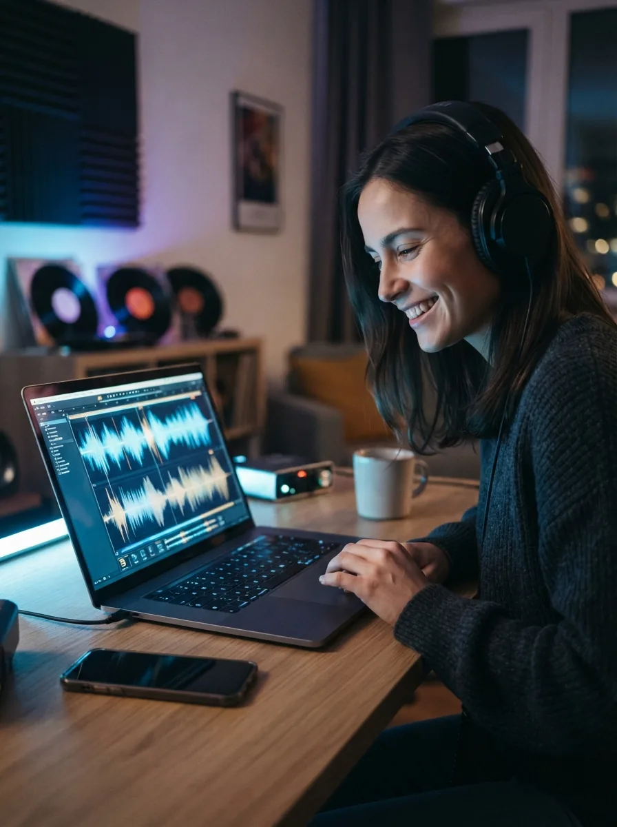 Everyday person finishing a techno song on a laptop with glowing blue waveform controls