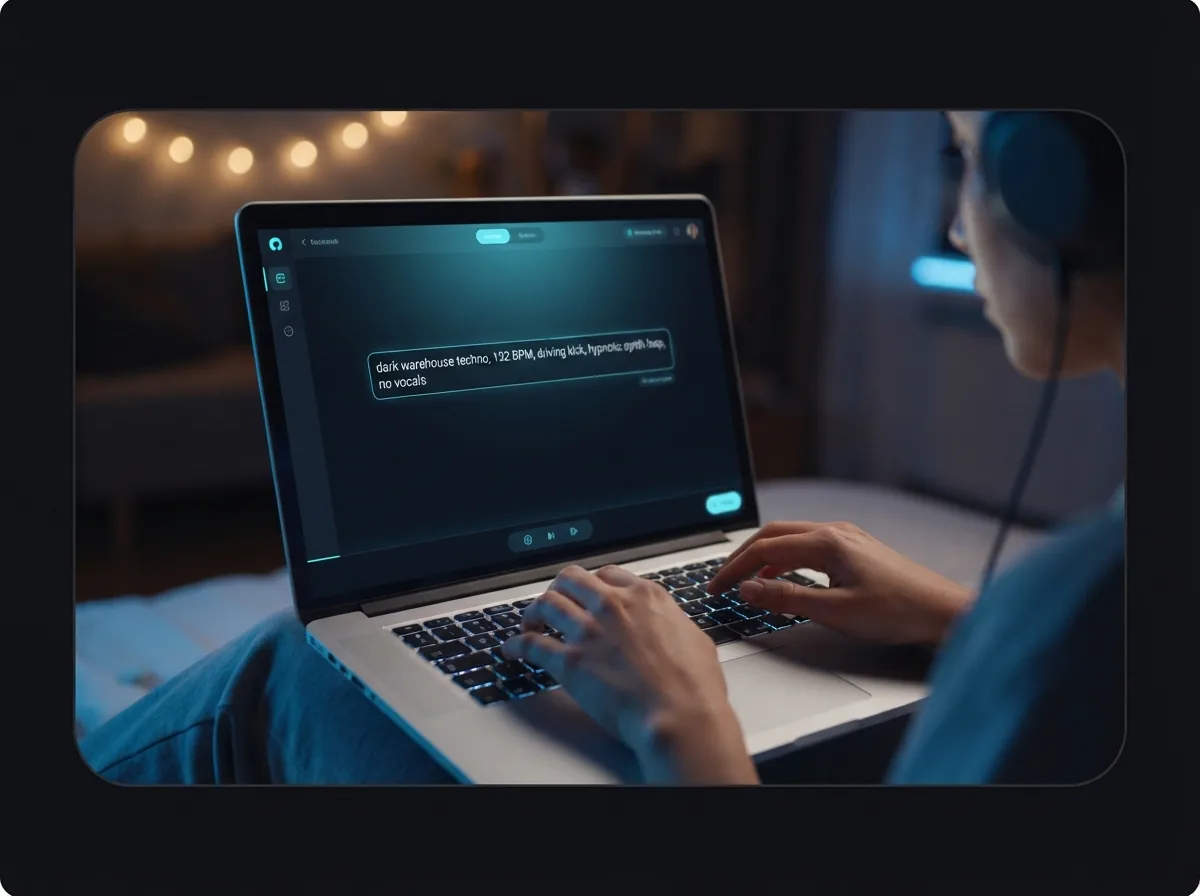 Maya typing a techno music prompt on her laptop