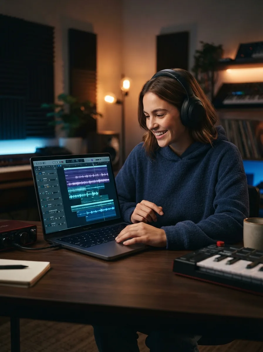 Person finishing a polished AI song on a laptop with glowing blue waveform controls