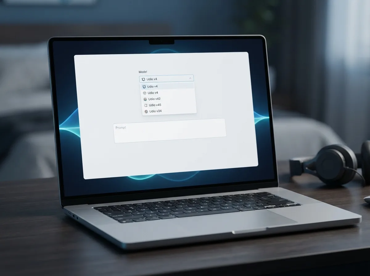 Maya opening Udio v4 on her laptop in OnMusic AI