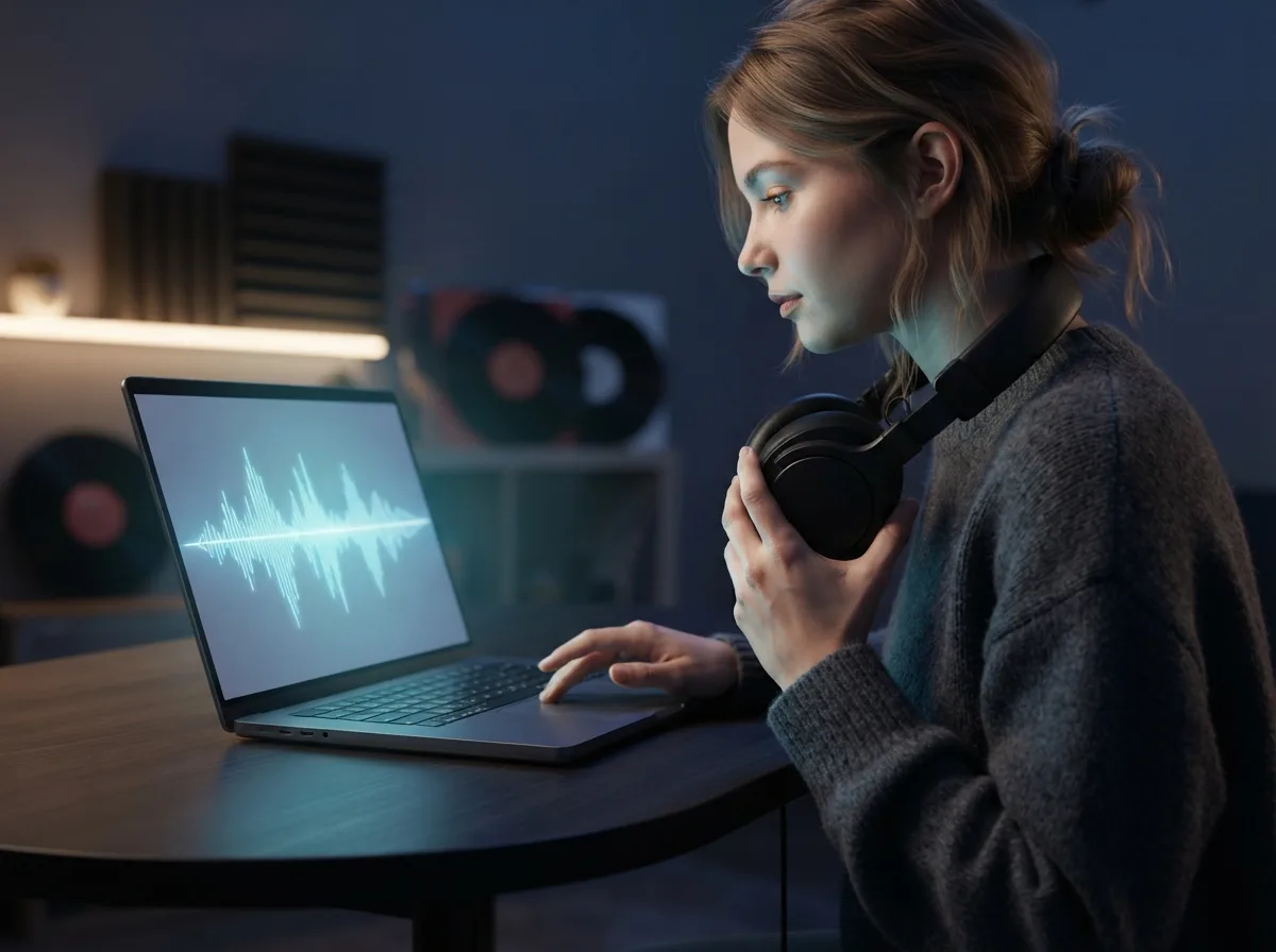 High-quality stereo audio interface showing vocal waveform and listening meters